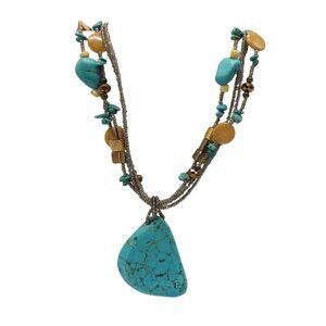 Turquoise Brown Multi-Strand Beaded Necklace With Stone Pendant By Laura Ashley
